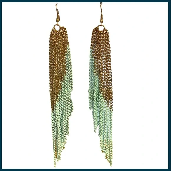Gold and Mint Green Chain Tassel Fashion Earrings - Picture 1 of 5